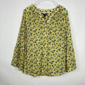 Talbots Yellow/Blue Floral Long Bell Sleeve Tunic Blouse. Size Large.